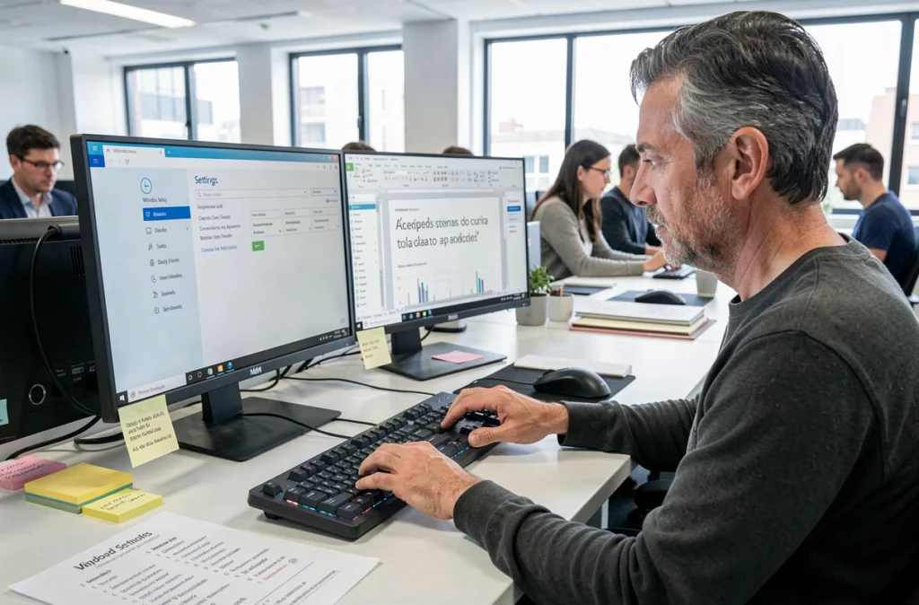 Homme utilisant un raccourci clavier Windows pour taper des accents espagnols sur un PC de bureau en open space