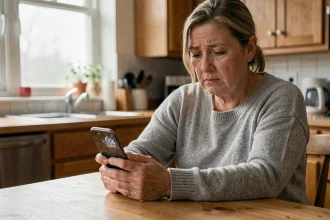 Femme d'âge mûr tenant un iPhone verrouillé à une table de cuisine, exprimant un deuil silencieux lors d'une tentative de récupération de SMS d'un proche décédé