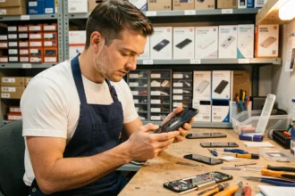 Technicien spécialisé en réparation de smartphone dans un atelier professionnel en Ille-et-Vilaine