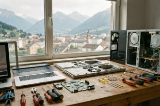 Atelier de réparation d'ordinateurs en Isère avec vue sur les montagnes de Grenoble