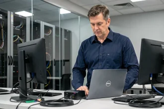 Responsable informatique évaluant un ordinateur portable Dell dans une salle serveur d'entreprise moderne