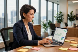Responsable marketing d'une entreprise de logiciels analysant les performances d'une stratégie de content marketing sur son ordinateur portable dans un bureau moderne