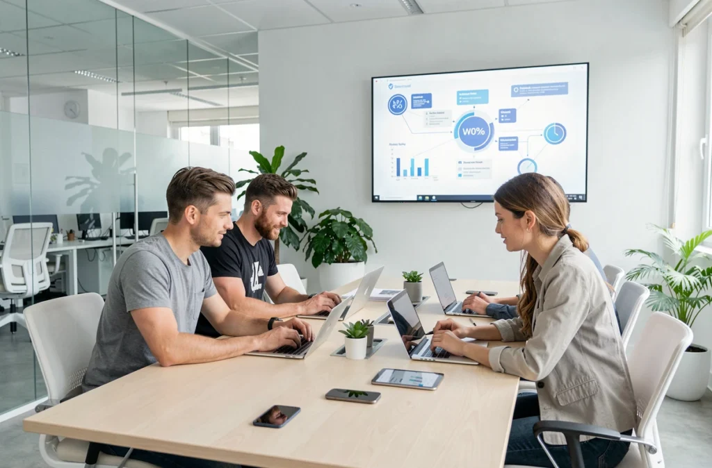 Équipe de professionnels collaborant sur des services numériques intégrant l'intelligence artificielle dans un bureau moderne