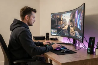 Gamer concentré devant un écran OLED 1440p incurvé dans un setup gaming moderne et épuré