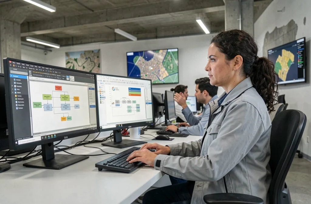 Spécialiste SIG travaillant sur un audit de modèle conceptuel de données géographiques sur un poste informatique double écran