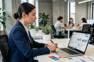 Stratège de marque analysant des données de réseaux sociaux sur un tableau de bord numérique dans un bureau moderne d'agence de communication