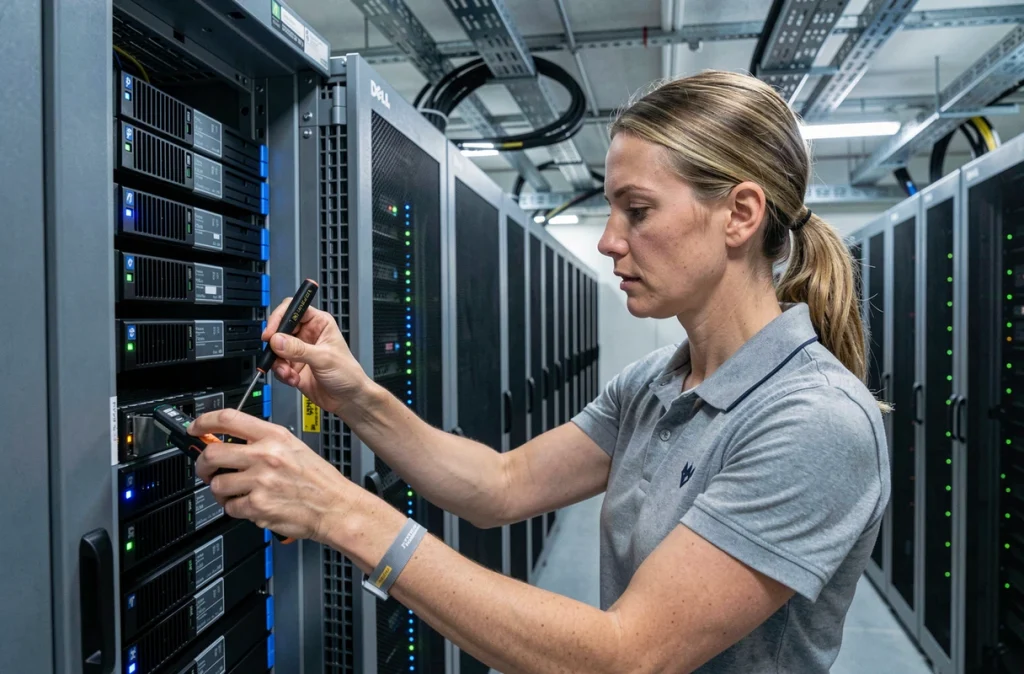 Technicienne informatique installant un serveur Dell PowerEdge dans un centre de données professionnel
