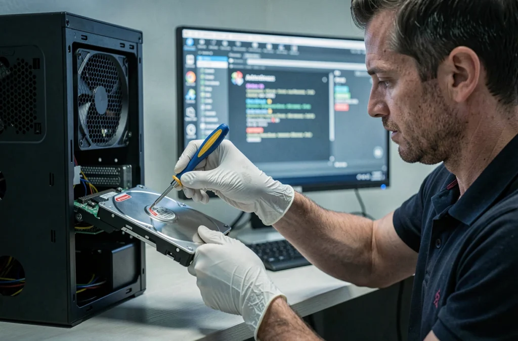 Ymer Dépannage PC Virus : technicien retirant un disque dur infecté d'un ordinateur